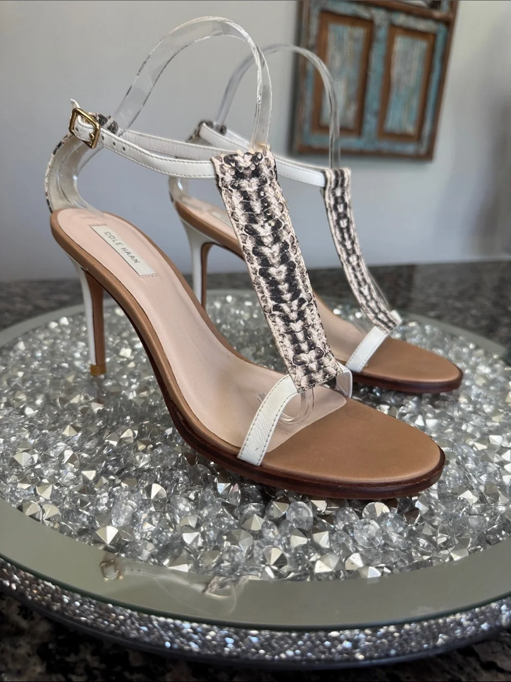 Cole Haan White Snake-Print T-Strap heels Sandals EUC 6.5